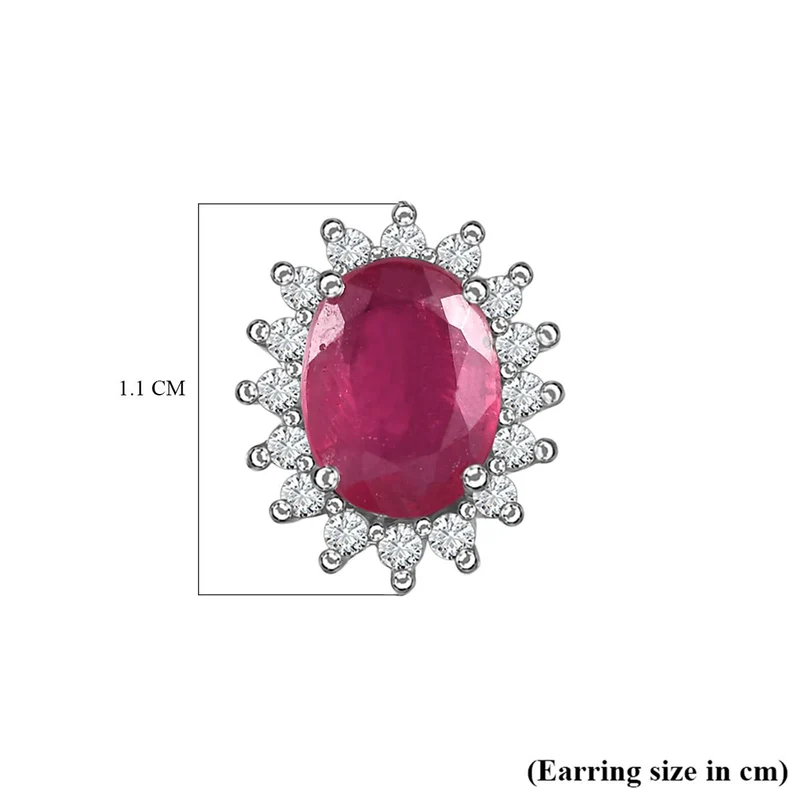 Afrikanischer Rubin (Fissure gefüllt), Weißer Zirkon Ohrringe 925 Silber Platiniert ca. 3.28 ct
