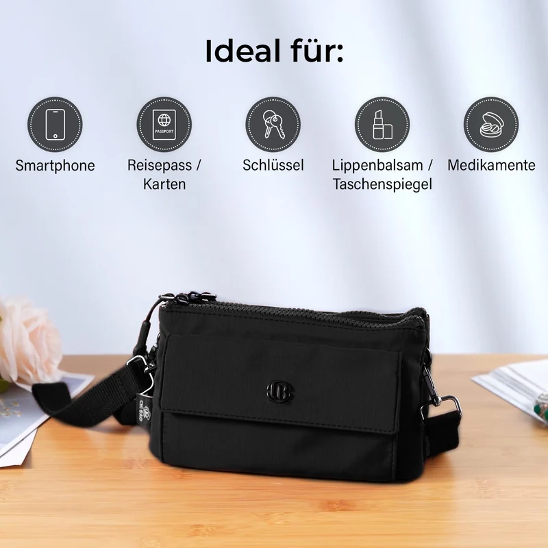 Crossbody-Tasche aus Nylon, mit mehreren Reißverschlussfächern und verstellbarem Schulterriemen, 20x12x3.5 cm, Schwarz