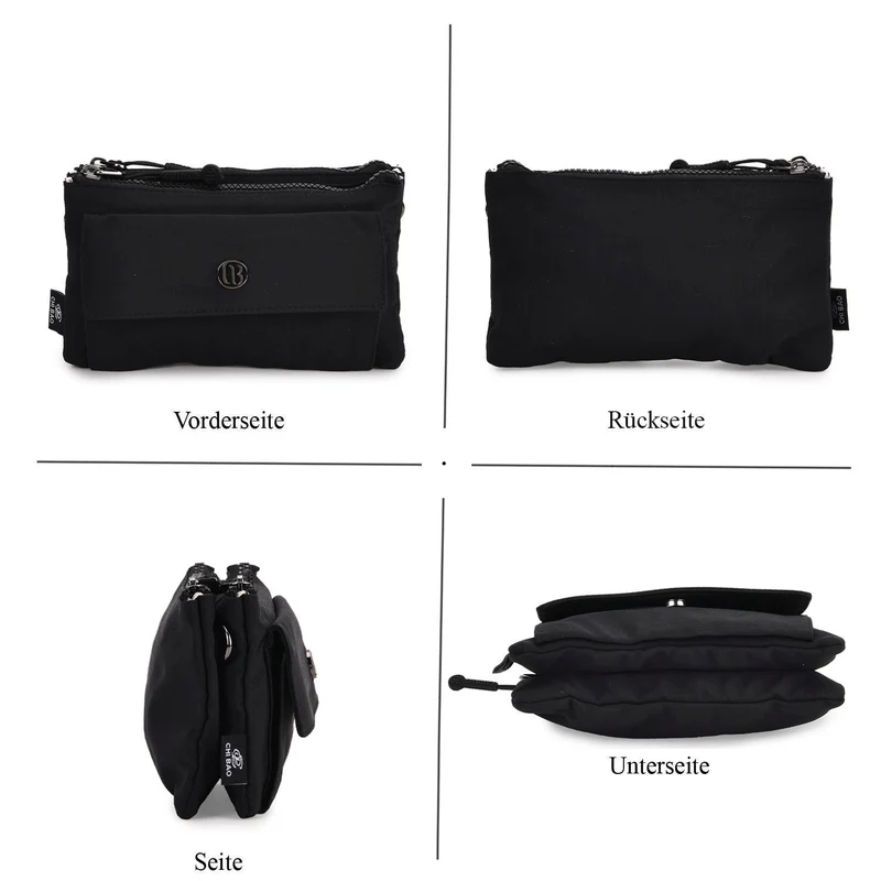 Crossbody-Tasche aus Nylon, mit mehreren Reißverschlussfächern und verstellbarem Schulterriemen, 20x12x3.5 cm, Schwarz