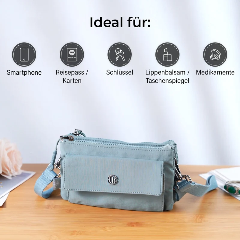 Crossbody-Tasche aus Nylon, mit mehreren Reißverschlussfächern und verstellbarem Schulterriemen, 20x12x3.5 cm, Schwarz