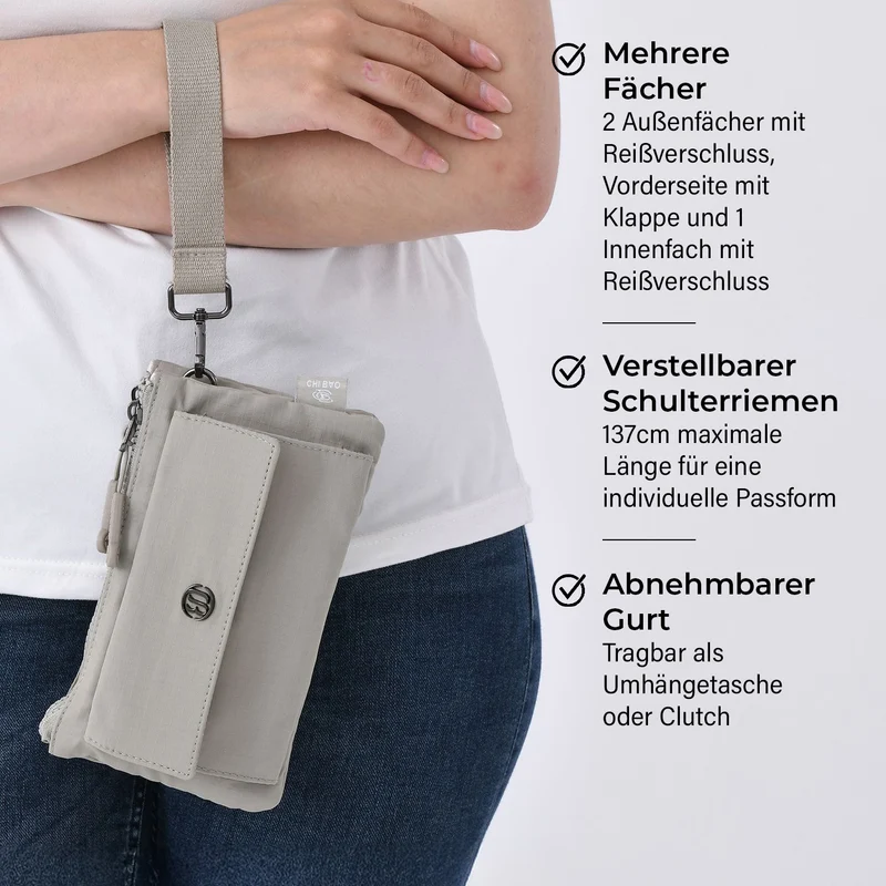 Crossbody-Tasche aus Nylon, mit mehreren Reißverschlussfächern und verstellbarem Schulterriemen, 20x12x3.5 cm, Schwarz