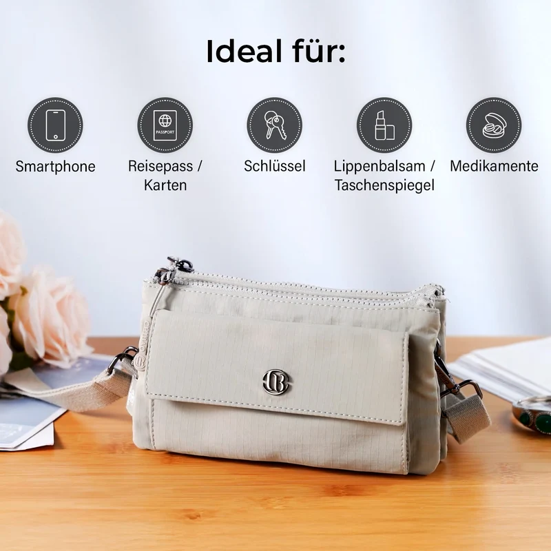Crossbody-Tasche aus Nylon, mit mehreren Reißverschlussfächern und verstellbarem Schulterriemen, 20x12x3.5 cm, Schwarz