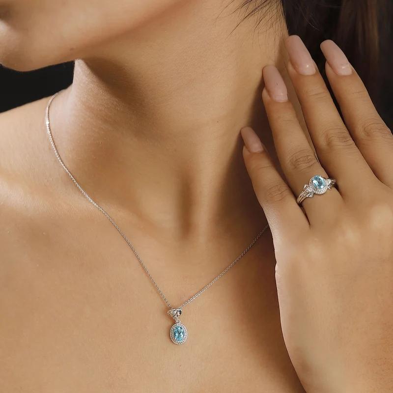 2er Set - Lagunen Apatit Schmuckset 925 Silber rhodiniert, (Größe 17.00) ca. 1.58 ct