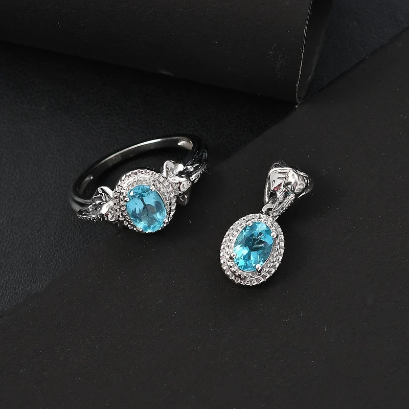 2er Set - Lagunen Apatit Schmuckset 925 Silber rhodiniert, (Größe 17.00) ca. 1.58 ct