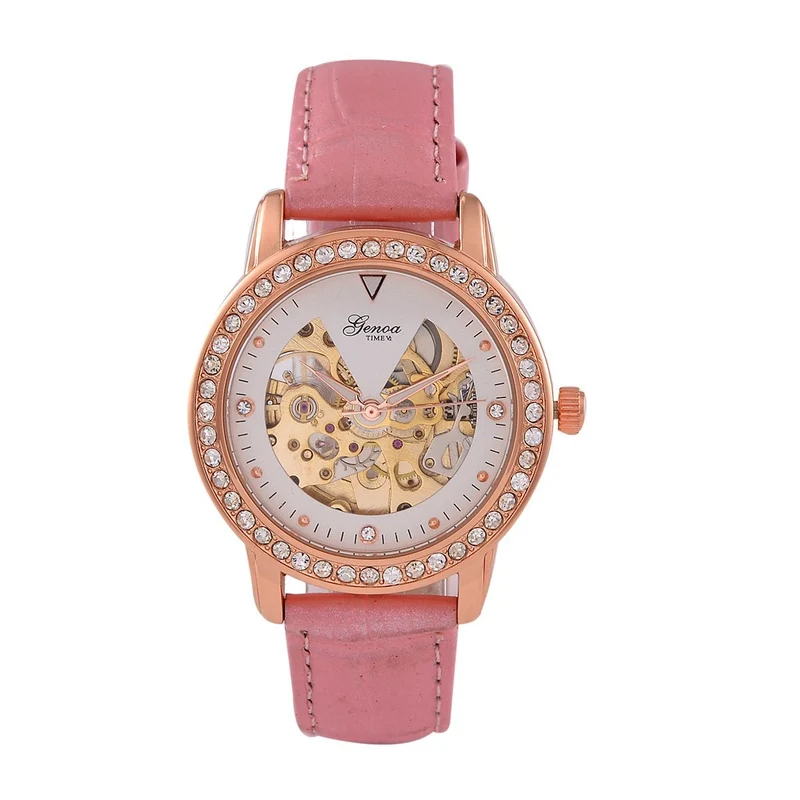 GENOA TIME V2 Automatik-Uhr mit Mechanischem Uhrwerk, Roségoldfarbenem Gehäuse und Blauem Lederarmband