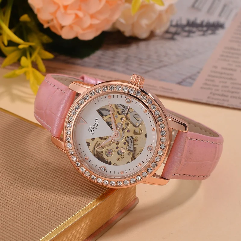 GENOA TIME V2 Automatik-Uhr mit Mechanischem Uhrwerk, Roségoldfarbenem Gehäuse und Blauem Lederarmband