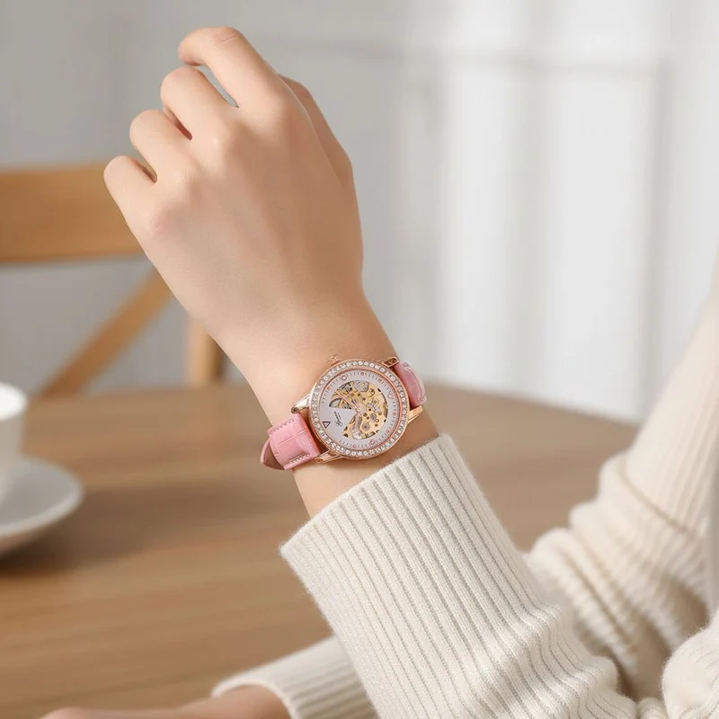 GENOA TIME V2 Automatik-Uhr mit Mechanischem Uhrwerk, Roségoldfarbenem Gehäuse und Blauem Lederarmband