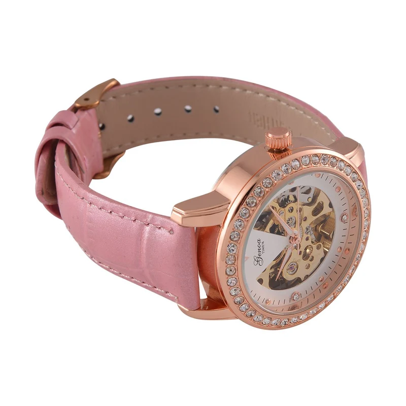 GENOA TIME V2 Automatik-Uhr mit Mechanischem Uhrwerk, Roségoldfarbenem Gehäuse und Blauem Lederarmband