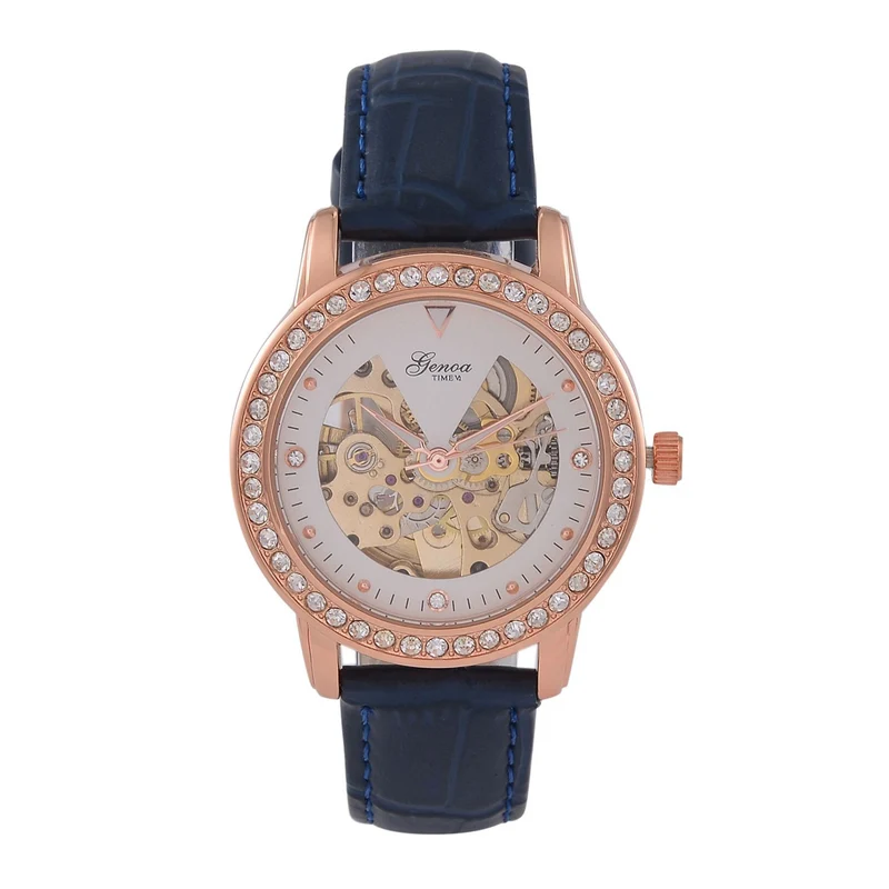 GENOA TIME V2 Automatik-Uhr mit Mechanischem Uhrwerk, Roségoldfarbenem Gehäuse und Blauem Lederarmband