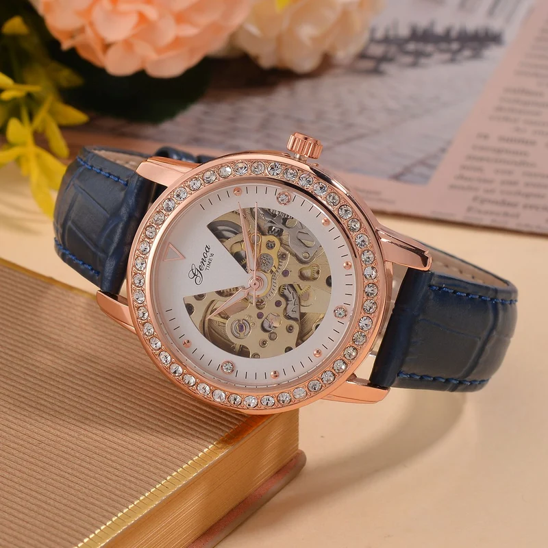 GENOA TIME V2 Automatik-Uhr mit Mechanischem Uhrwerk, Roségoldfarbenem Gehäuse und Blauem Lederarmband