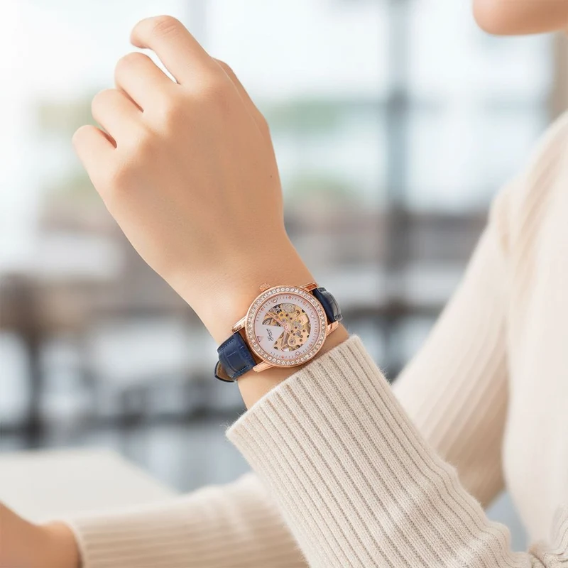 GENOA TIME V2 Automatik-Uhr mit Mechanischem Uhrwerk, Roségoldfarbenem Gehäuse und Blauem Lederarmband