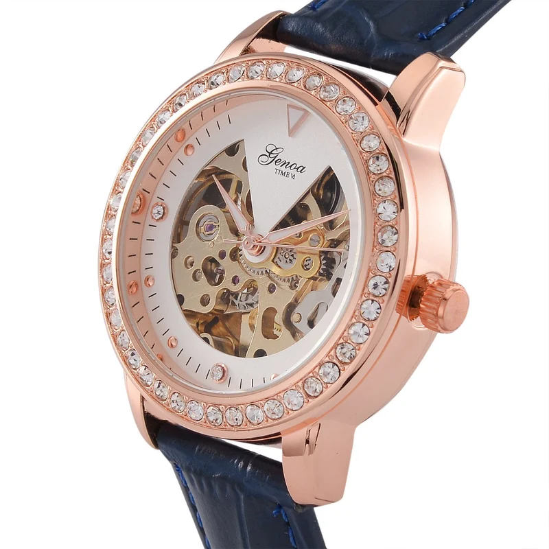 GENOA TIME V2 Automatik-Uhr mit Mechanischem Uhrwerk, Roségoldfarbenem Gehäuse und Blauem Lederarmband