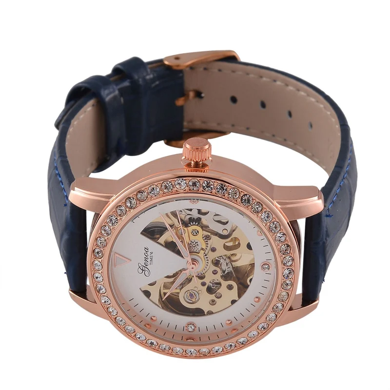 GENOA TIME V2 Automatik-Uhr mit Mechanischem Uhrwerk, Roségoldfarbenem Gehäuse und Blauem Lederarmband
