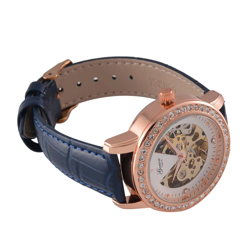 GENOA TIME V2 Automatik-Uhr mit Mechanischem Uhrwerk, Roségoldfarbenem Gehäuse und Blauem Lederarmband