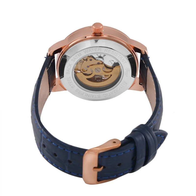 GENOA TIME V2 Automatik-Uhr mit Mechanischem Uhrwerk, Roségoldfarbenem Gehäuse und Blauem Lederarmband