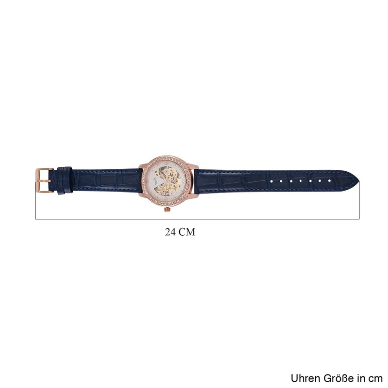 GENOA TIME V2 Automatik-Uhr mit Mechanischem Uhrwerk, Roségoldfarbenem Gehäuse und Blauem Lederarmband