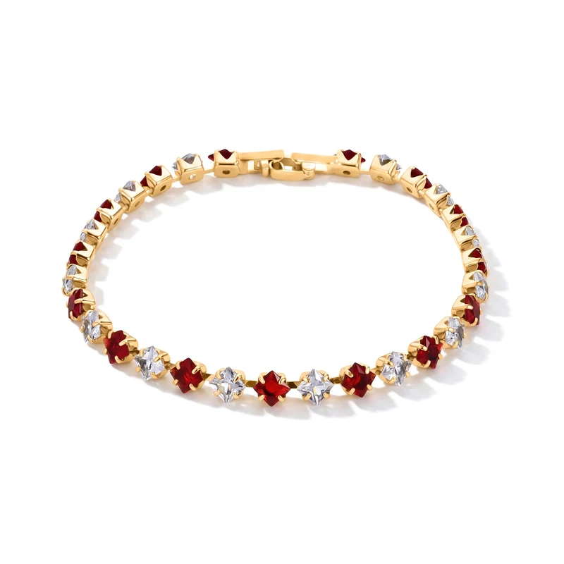 2er Set - Granat Zirkonia, Weißer Zirkonia Armband ca. 19 cm, Nickelfreies Messing, Goldfarben