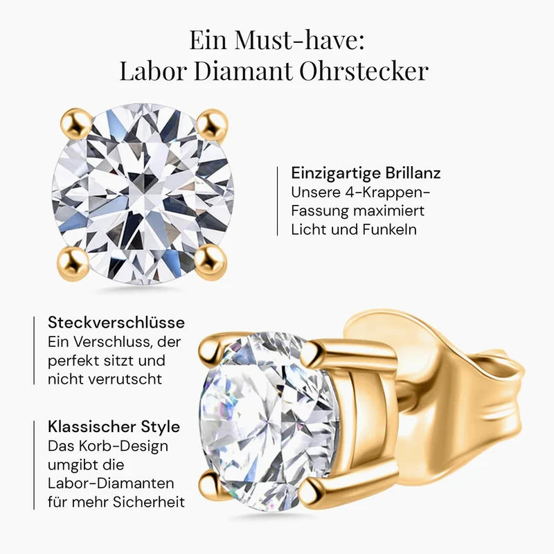 LUXURIANT 2 ct. SGL zertifizierte VS-GH Labor Diamant Ohrringe, 925 Silber Gelbgold Vermeil