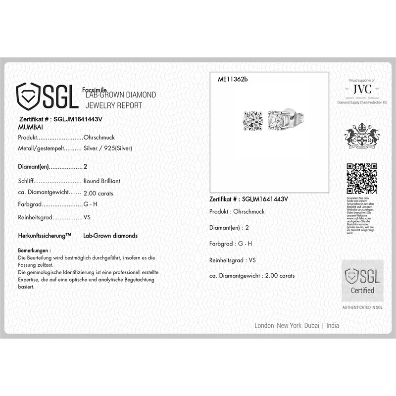 LUXURIANT 2 ct. SGL zertifizierte VS-GH Labor Diamant Ohrringe, 925 Silber Gelbgold Vermeil