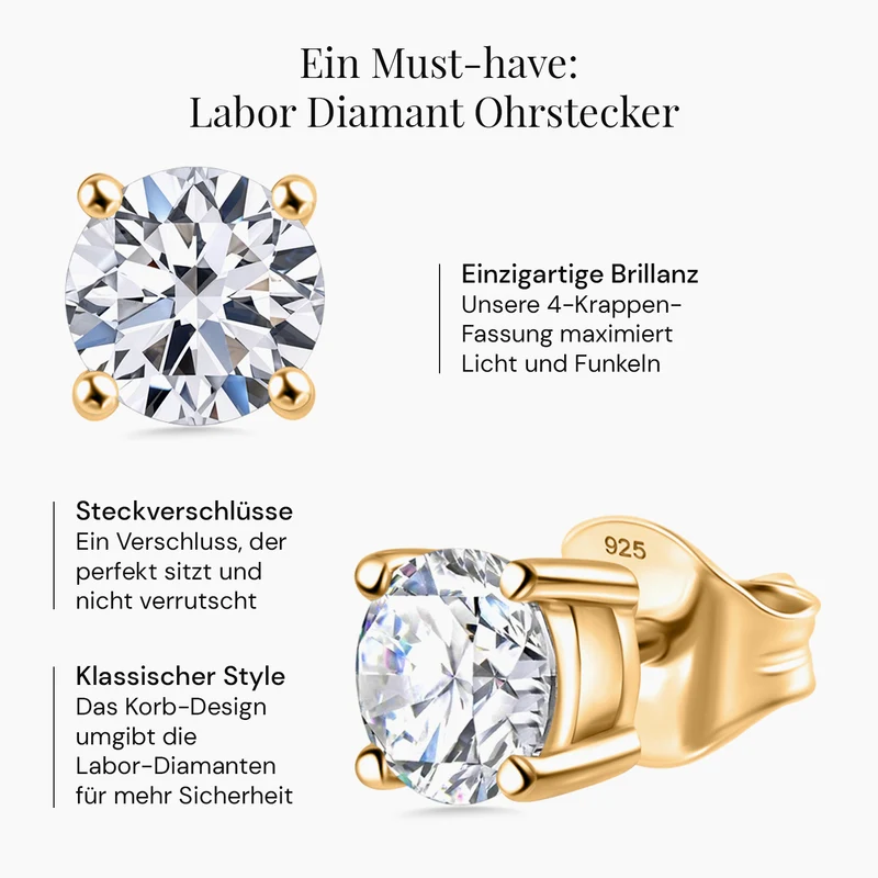 LUXURIANT 1,50 ct. SGL zertifizierte VS-EF Labor Diamant Ohrringe, 925 Silber Gelbgold Vermeil