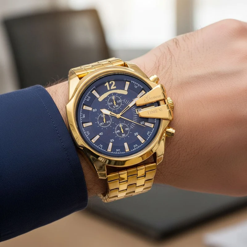 GENOA Japanisches Uhrwerk - Exklusive Uhr mit marineblauem Zifferblatt, Edelstahlkettenband und Dornschließe