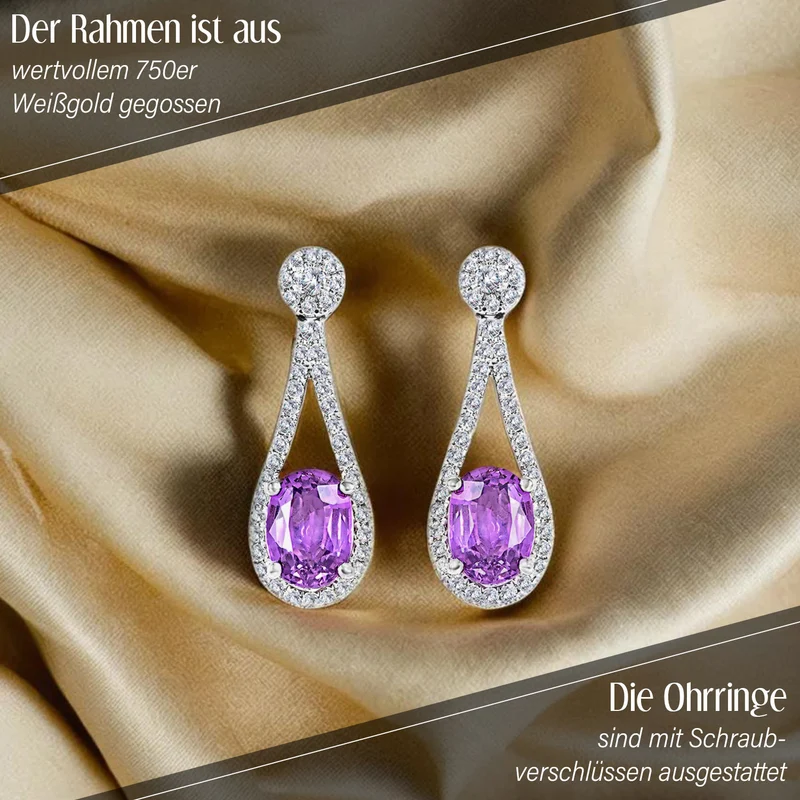 Iliana AAA Lila Saphir, Weißer Diamant AGI zertifiziert Ohrringe 750 Gold ca. 2.10 ct (10-15 Werktage Lieferzeit)