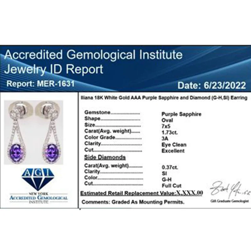 Iliana AAA Lila Saphir, Weißer Diamant AGI zertifiziert Ohrringe 750 Gold ca. 2.10 ct (10-15 Werktage Lieferzeit)