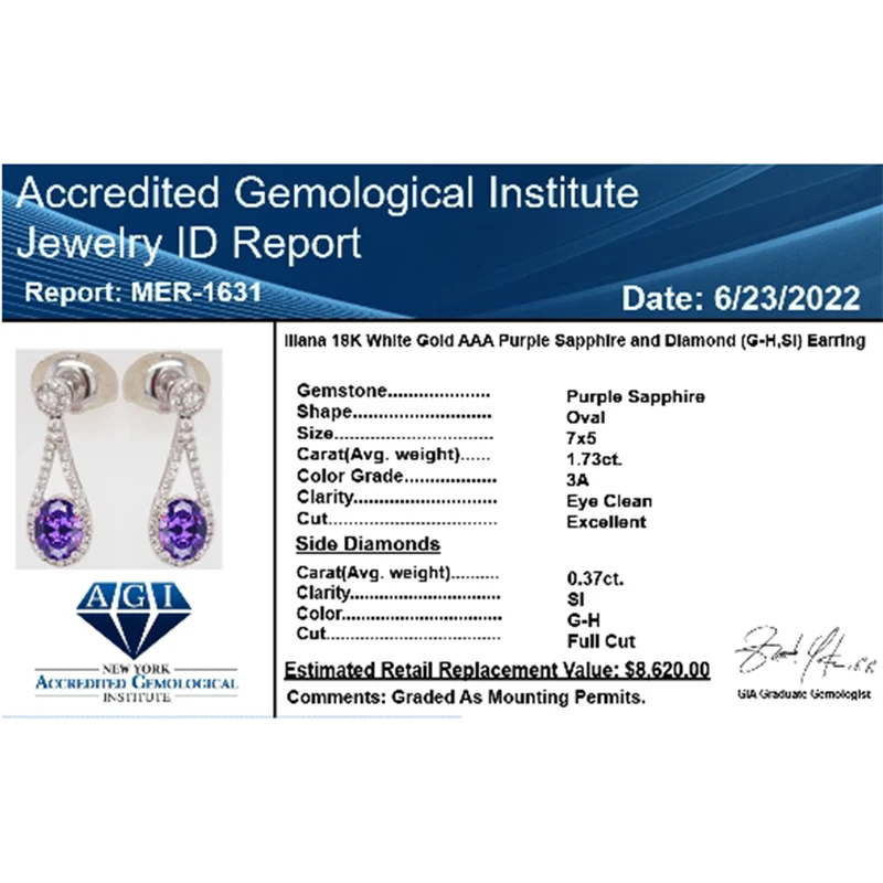 Iliana AAA Lila Saphir, Weißer Diamant AGI zertifiziert Ohrringe 750 Gold ca. 2.10 ct (10-15 Werktage Lieferzeit)