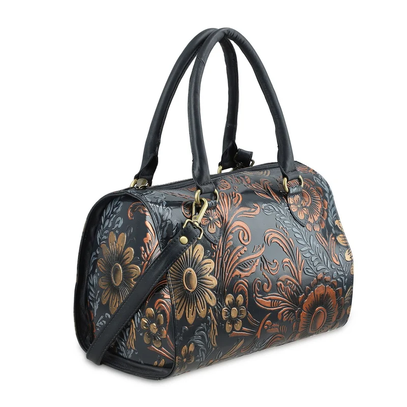 Handbemalte Leder Crossbody Tasche, 31.9 x 6.35 x 19.4 cm, Braun