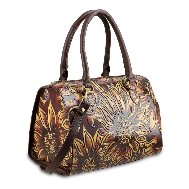 Handbemalte Leder Crossbody Tasche, 31.9 x 6.35 x 19.4 cm, Braun