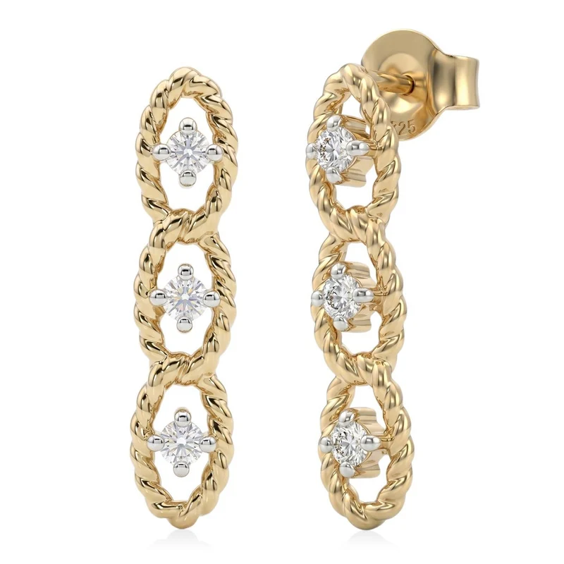 LUXURIANT 0,25 ct. SGL zertifizierte SI-GH Labor Diamant Trilogie Ohrringe, 925 Silber 750 Gelbgold Vermeil