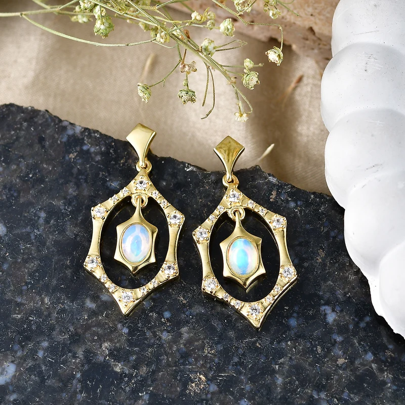 EVER TRUE AA Natürlicher, äthiopischer Welo Opal, Weißer Zirkon Ohrringe Reine Bronze ca. 1.75 ct
