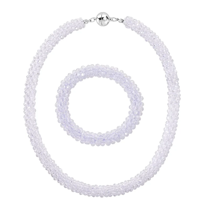 2er Set weißes Kristall Schmuckset, 47cm Halskette und flexibles Armband (15,8-18,4cm)