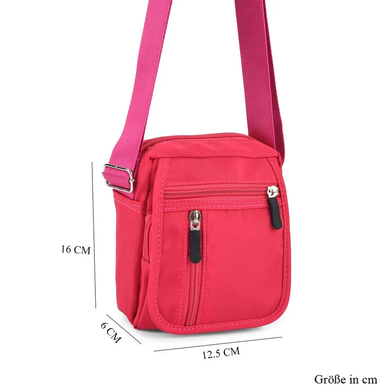 Umhängetasche mit mehreren Reißverschlussfächern und RFID-Schutz, Größe 12,5x6x16 cm, Rosenrot