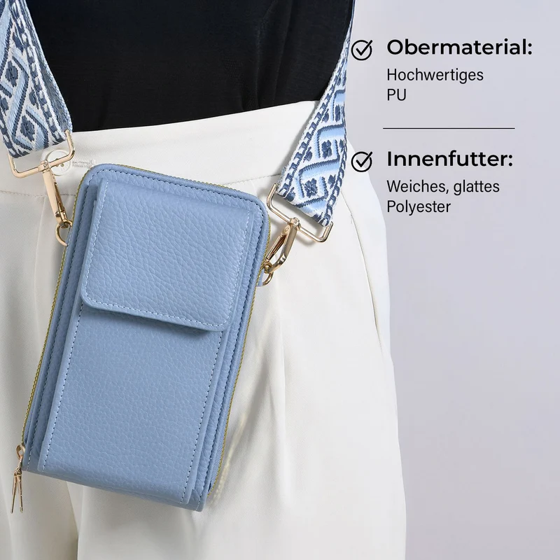 Crossbody-Handytasche mit RFID-Schutz, Kartenfächern und gemustertem Trageriemen, ca. 19x6x11 cm, Grün