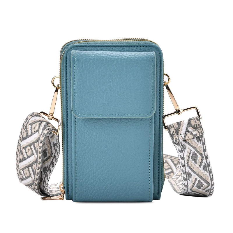 Crossbody-Handytasche mit RFID-Schutz, Kartenfächern und gemustertem Trageriemen, ca. 19x6x11 cm, Grün