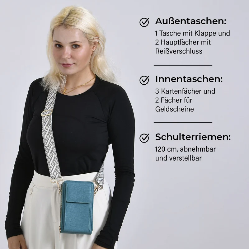 Crossbody-Handytasche mit RFID-Schutz, Kartenfächern und gemustertem Trageriemen, ca. 19x6x11 cm, Grün