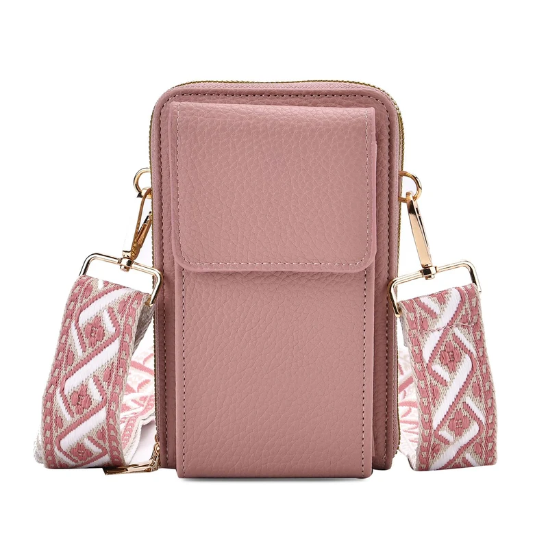 Crossbody-Handytasche mit RFID-Schutz, Kartenfächern und gemustertem Trageriemen, ca. 19x6x11 cm, Grün
