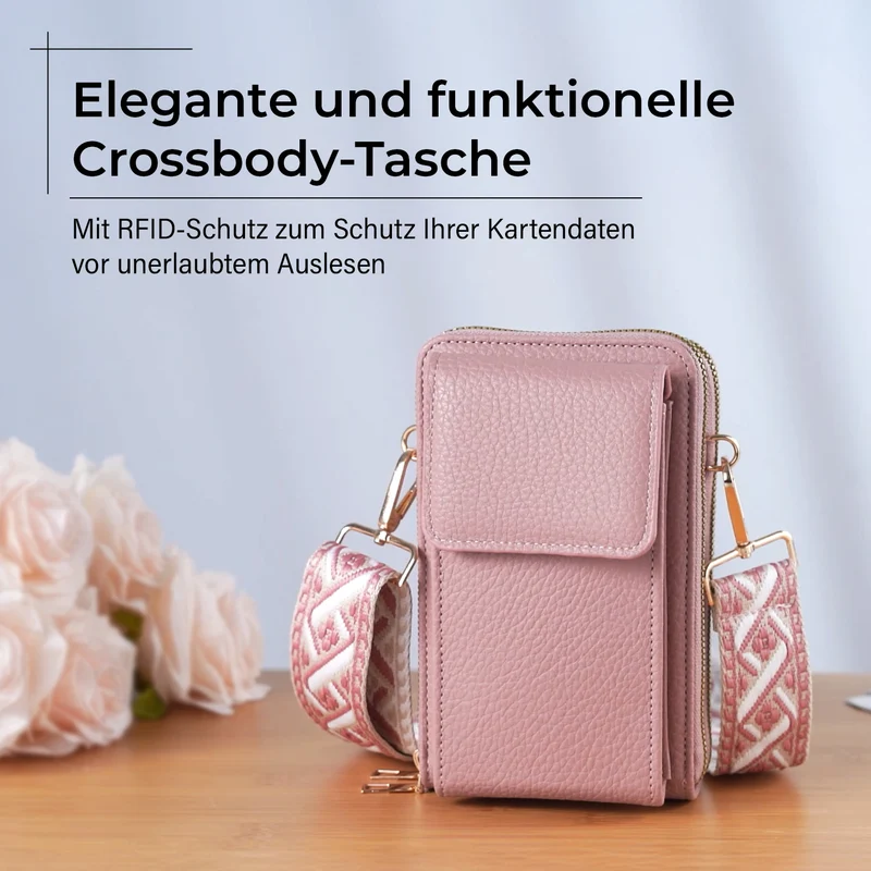 Crossbody-Handytasche mit RFID-Schutz, Kartenfächern und gemustertem Trageriemen, ca. 19x6x11 cm, Grün