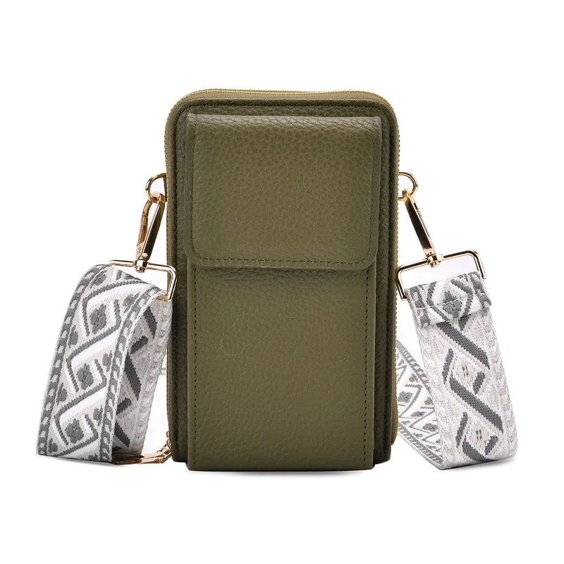Crossbody-Handytasche mit RFID-Schutz, Kartenfächern und gemustertem Trageriemen, ca. 19x6x11 cm, Grün