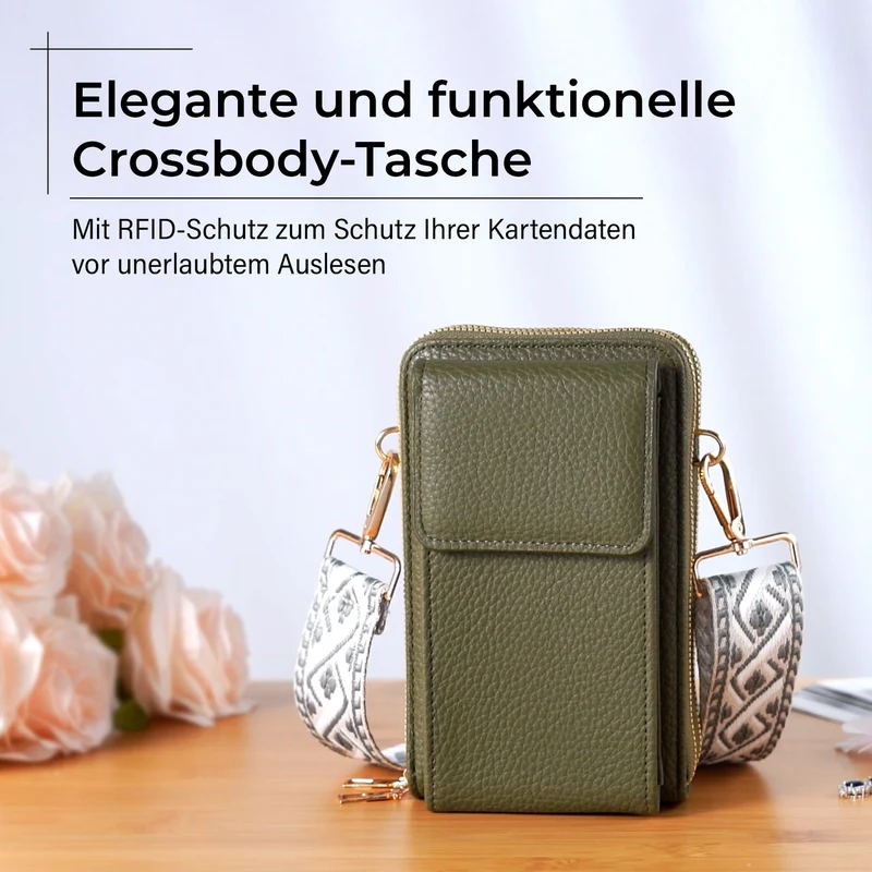 Crossbody-Handytasche mit RFID-Schutz, Kartenfächern und gemustertem Trageriemen, ca. 19x6x11 cm, Grün