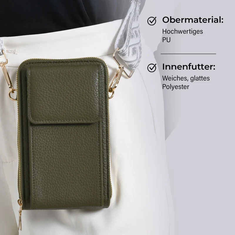 Crossbody-Handytasche mit RFID-Schutz, Kartenfächern und gemustertem Trageriemen, ca. 19x6x11 cm, Grün