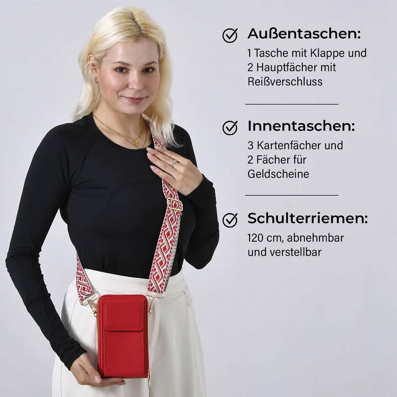 Crossbody-Handytasche mit RFID-Schutz, Kartenfächern und gemustertem Trageriemen, ca. 19x6x11 cm, Grün