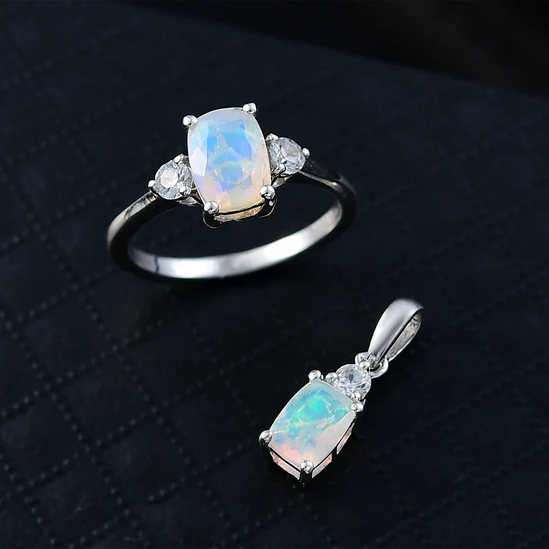2er Set - D'Joy AA Natürlicher, äthiopischer Welo Opal Ring und Anhänger, 925 Silber 750 Gelb Vergoldet (Größe 17.00) ca. 1.84 ct