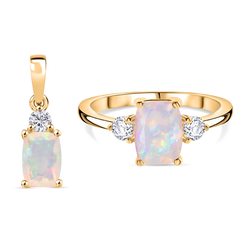 2er Set - D'Joy AA Natürlicher, äthiopischer Welo Opal Ring und Anhänger, 925 Silber 750 Gelb Vergoldet (Größe 17.00) ca. 1.84 ct