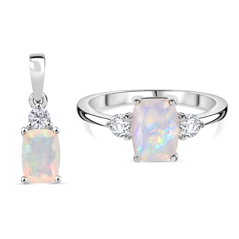 2er Set - D'Joy AA Natürlicher, äthiopischer Welo Opal Ring und Anhänger, 925 Silber 750 Gelb Vergoldet (Größe 17.00) ca. 1.84 ct