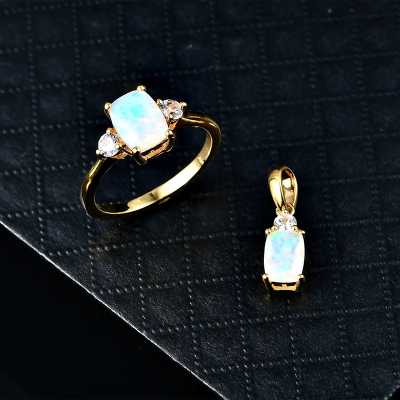 2er Set - D'Joy AA Natürlicher, äthiopischer Welo Opal Ring und Anhänger, 925 Silber 750 Gelb Vergoldet (Größe 17.00) ca. 1.84 ct