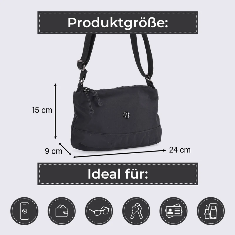 Crossbody-Tasche aus Nylon, mit mehreren Reißverschlussfächern und verstellbarem Schulterriemen, 24x15x9cm, Schwarz