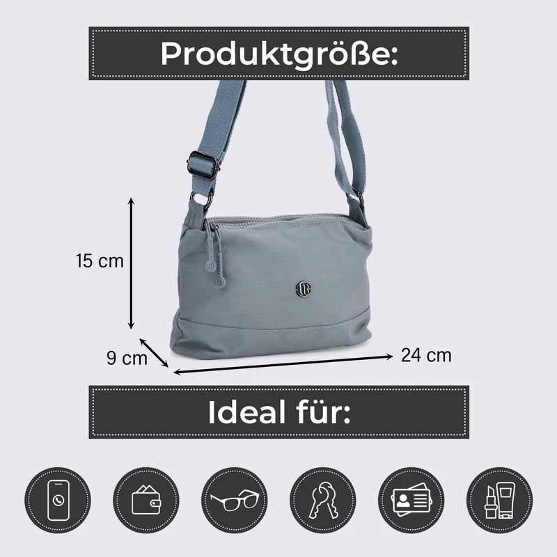Crossbody-Tasche aus Nylon, mit mehreren Reißverschlussfächern und verstellbarem Schulterriemen, 24x15x9cm, Schwarz
