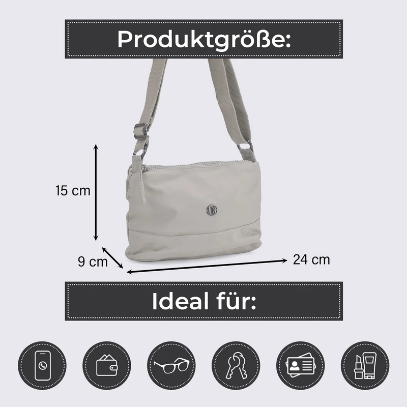 Crossbody-Tasche aus Nylon, mit mehreren Reißverschlussfächern und verstellbarem Schulterriemen, 24x15x9cm, Schwarz